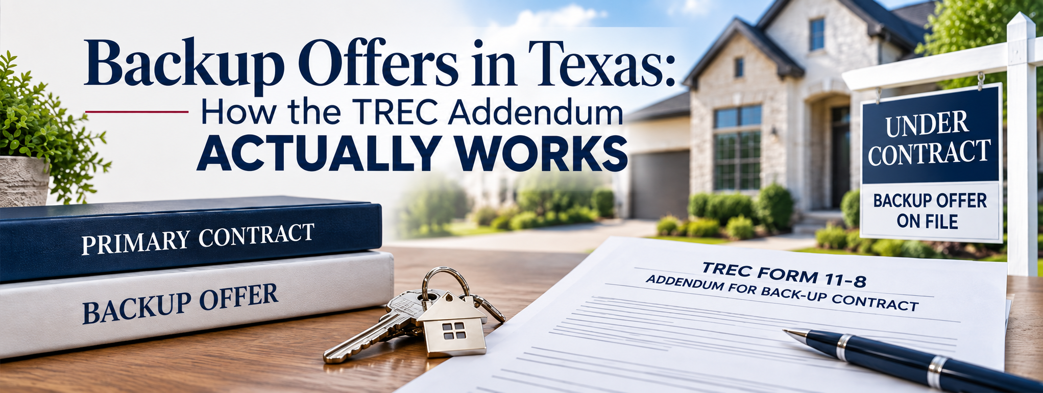Backup offer documents, house keys, and an under contract sign explaining how Texas backup offers work.