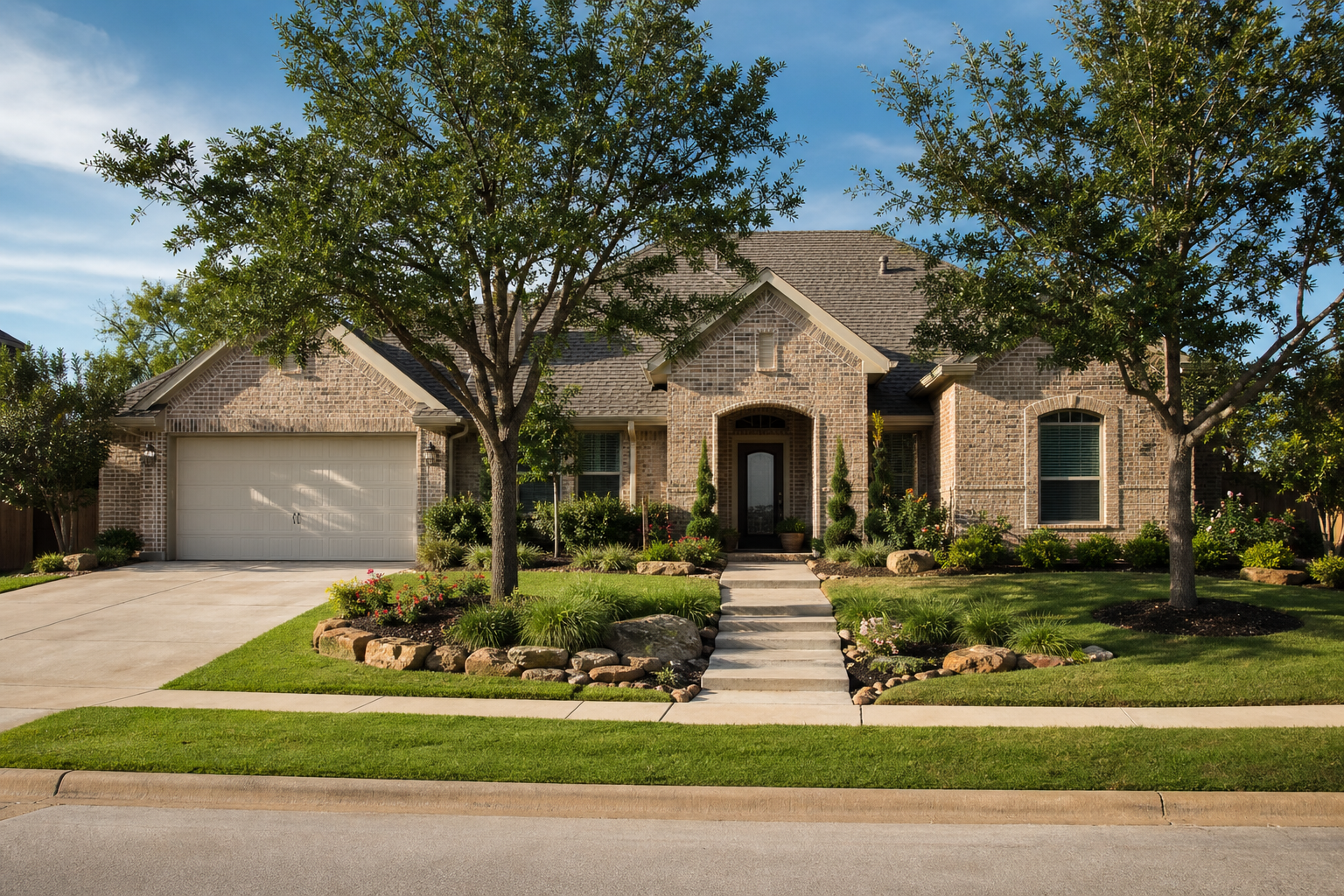 Single-story brick home with mature shade trees, a landscaped stone-edged walkway, and a two-car garage