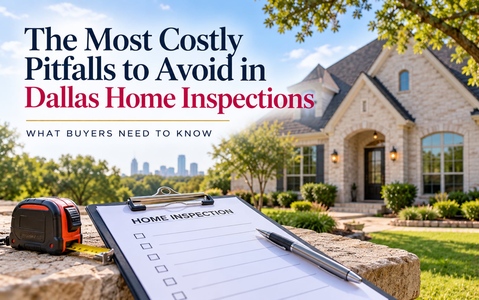 Dallas-area home inspection checklist in front of a suburban home.