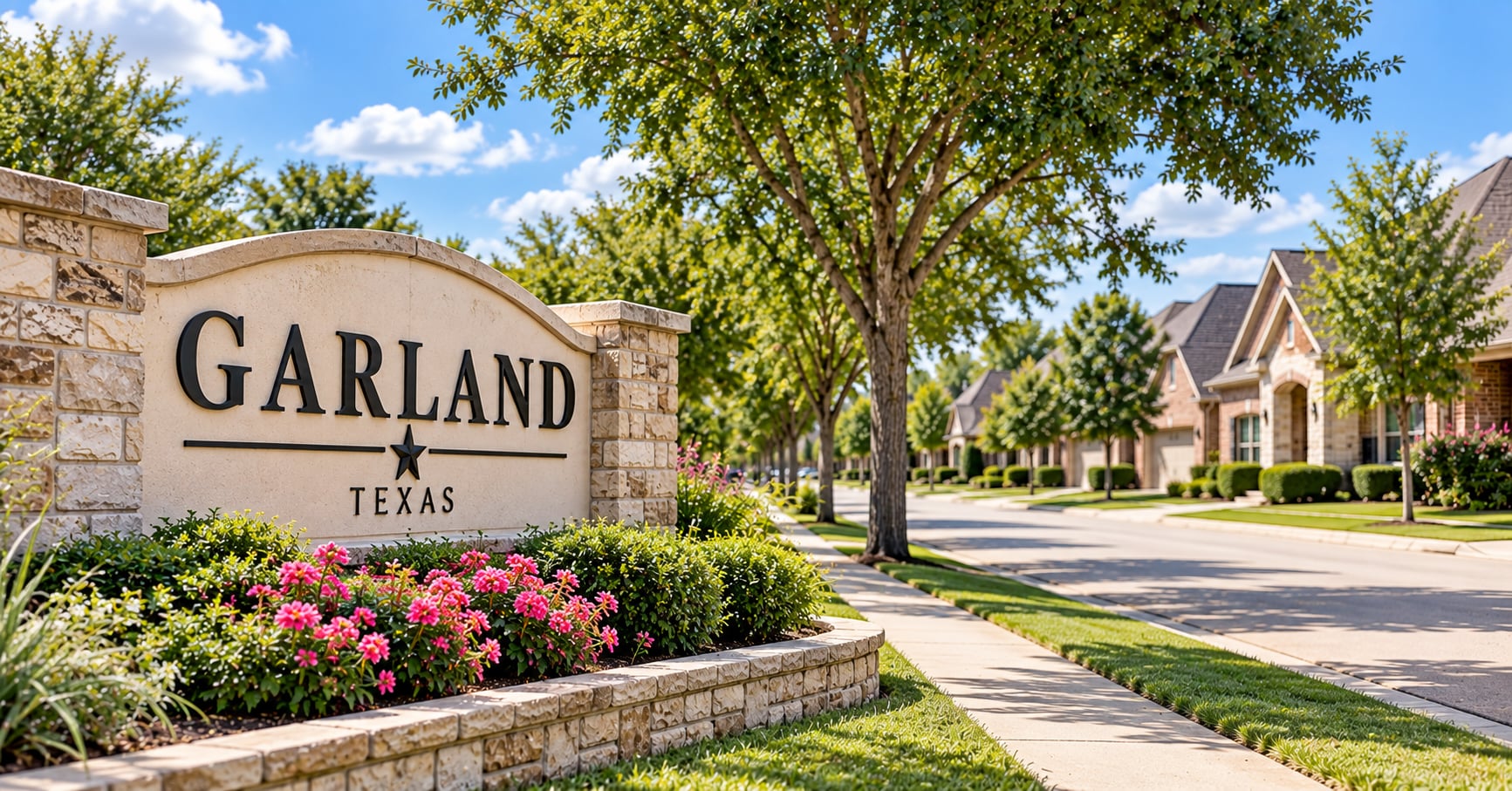Garland Texas neighborhood entrance sign beside a tree-lined residential street with suburban homes.