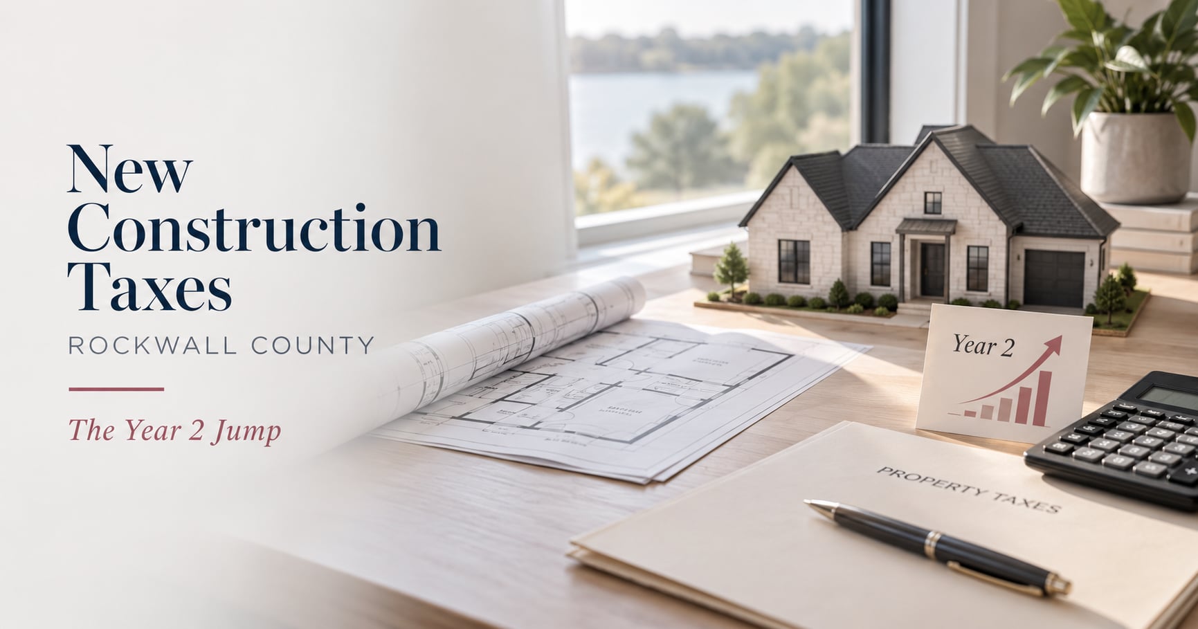New construction home model beside blueprints, a property tax folder, and a calculator showing a rising Year 2 tax chart