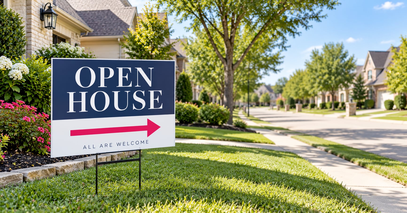 An open house sign in the front yard of a suburban home on a clear day