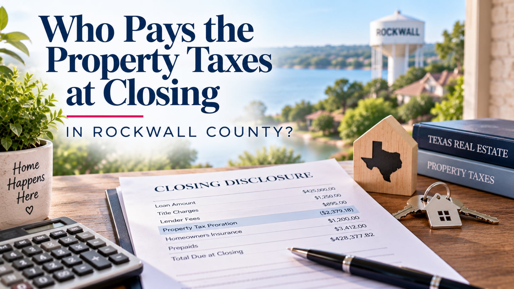 Who pays property taxes at closing in Rockwall County, shown with closing disclosure, property tax proration line, calculator, keys, and Texas real estate documents.