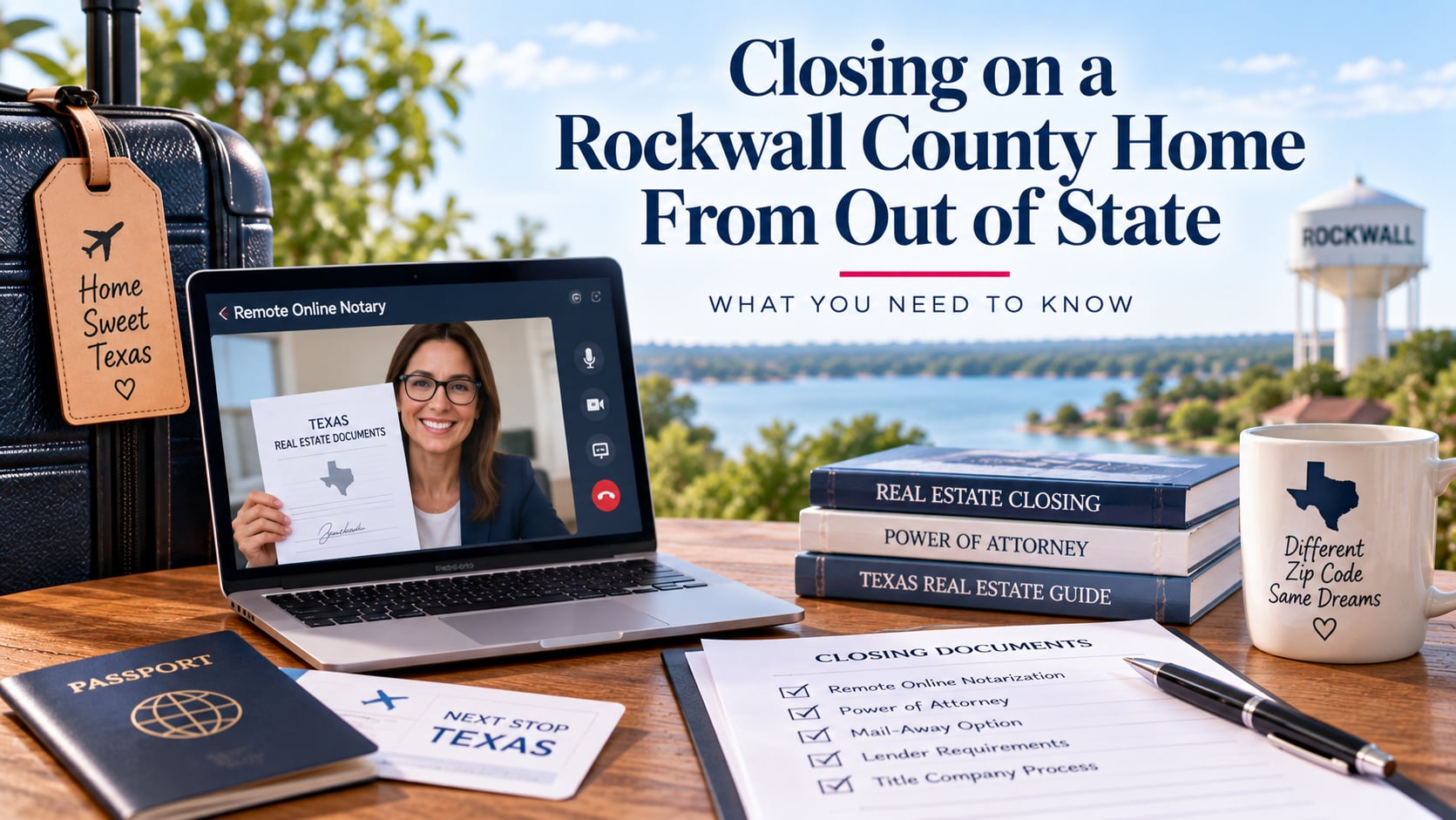 Closing on a Rockwall County home from out of state, shown with remote online notary video, Texas closing documents, power of attorney, passport, and Rockwall lakeside background.