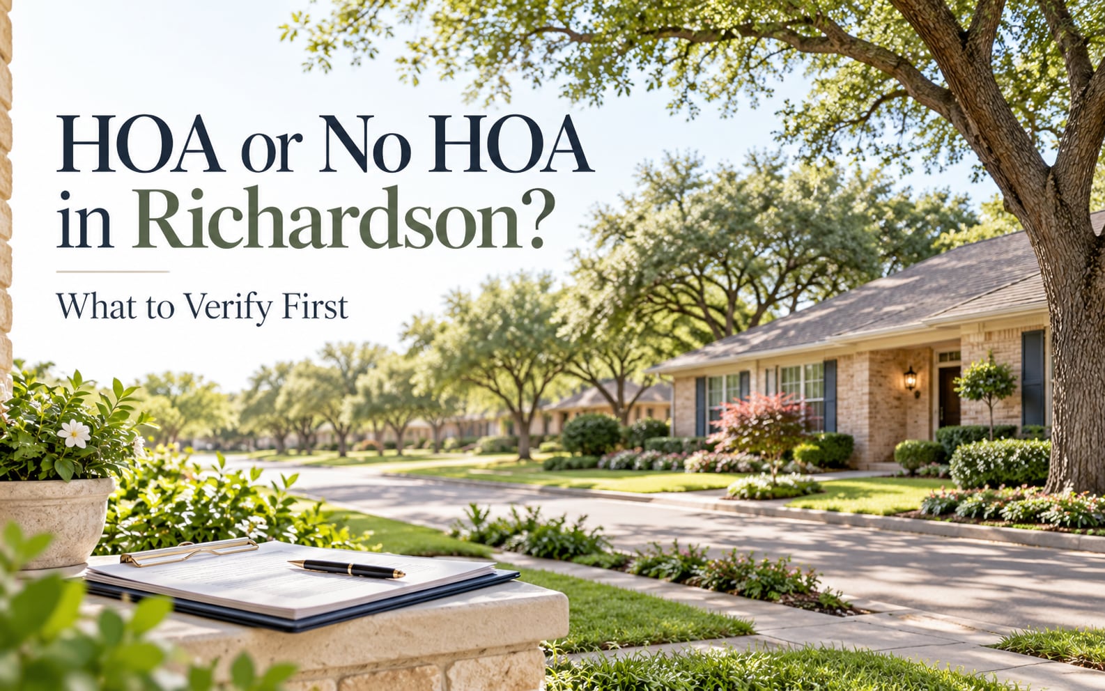 Tree-lined Richardson, Texas neighborhood illustrating HOA and non-HOA communities.