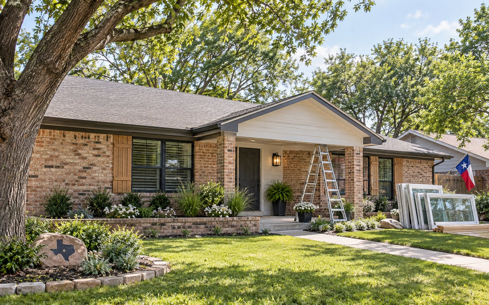 Brick ranch home in Richardson Texas undergoing renovations with a ladder and new windows ready for installation