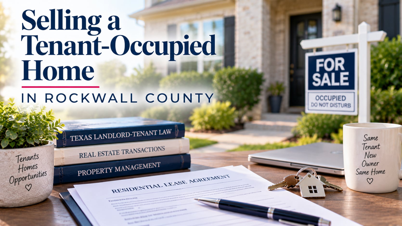 Selling a tenant-occupied home in Rockwall County with residential lease agreement, occupied for-sale sign, keys, property management documents, and tenant-sale strategy details.