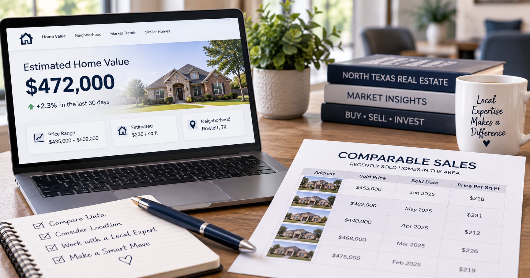 A laptop showing a home value estimate beside a printed page of comparable sales