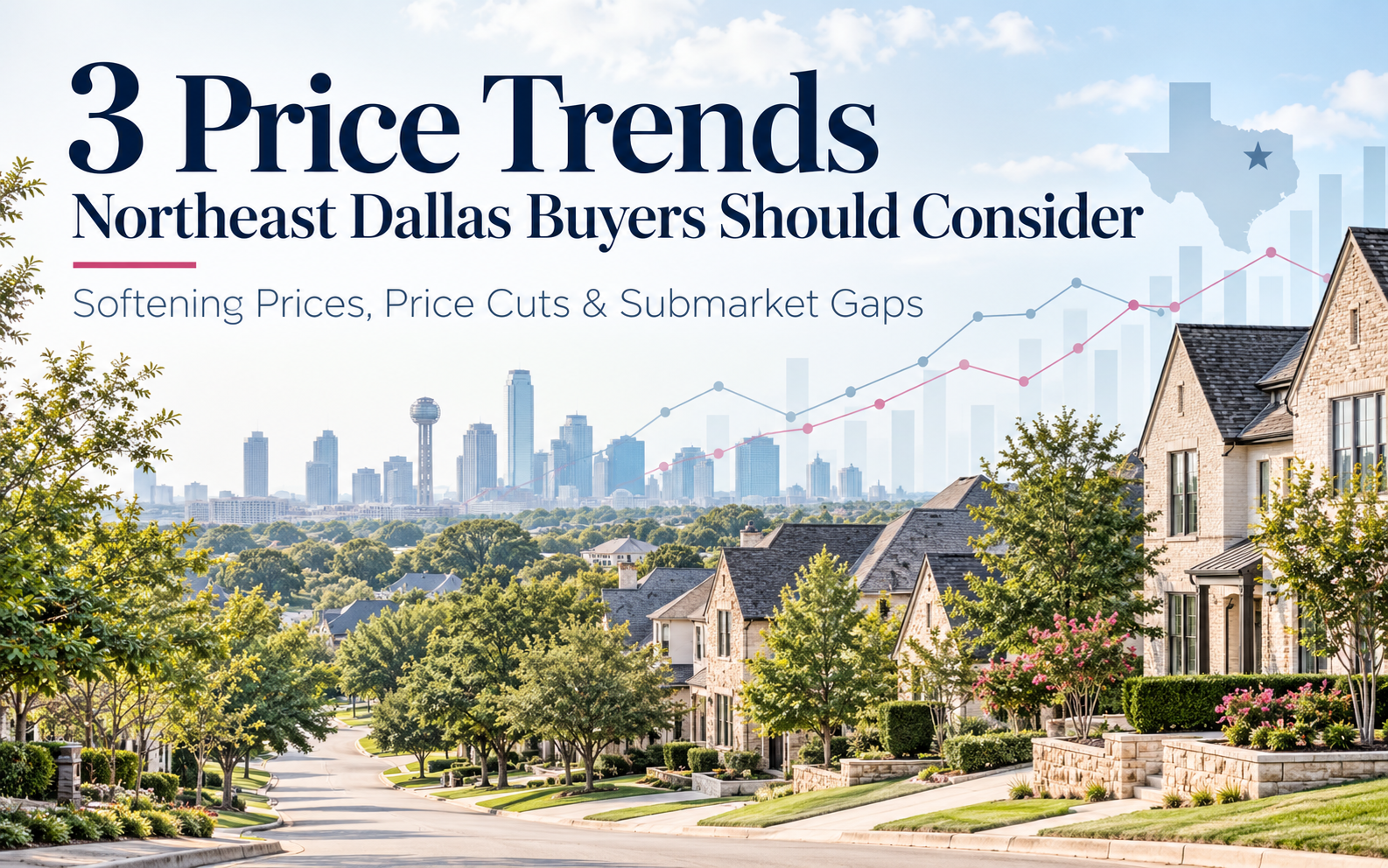 Blog cover showing Dallas skyline, North Texas residential homes, and housing price trend charts illustrating three real estate market trends Northeast Dallas buyers should consider.