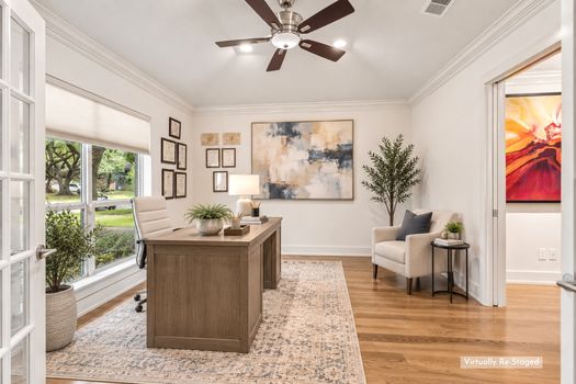Home office with French doors (virtually staged) | 9020 Glen Springs Dr, Dallas, TX 75243 | Lake Highlands