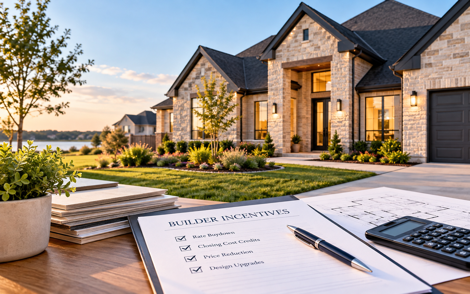 New construction home in North Texas with builder incentive documents, floor plans, and calculator illustrating mortgage rate buydowns, closing-cost credits, price reductions, and upgrades.