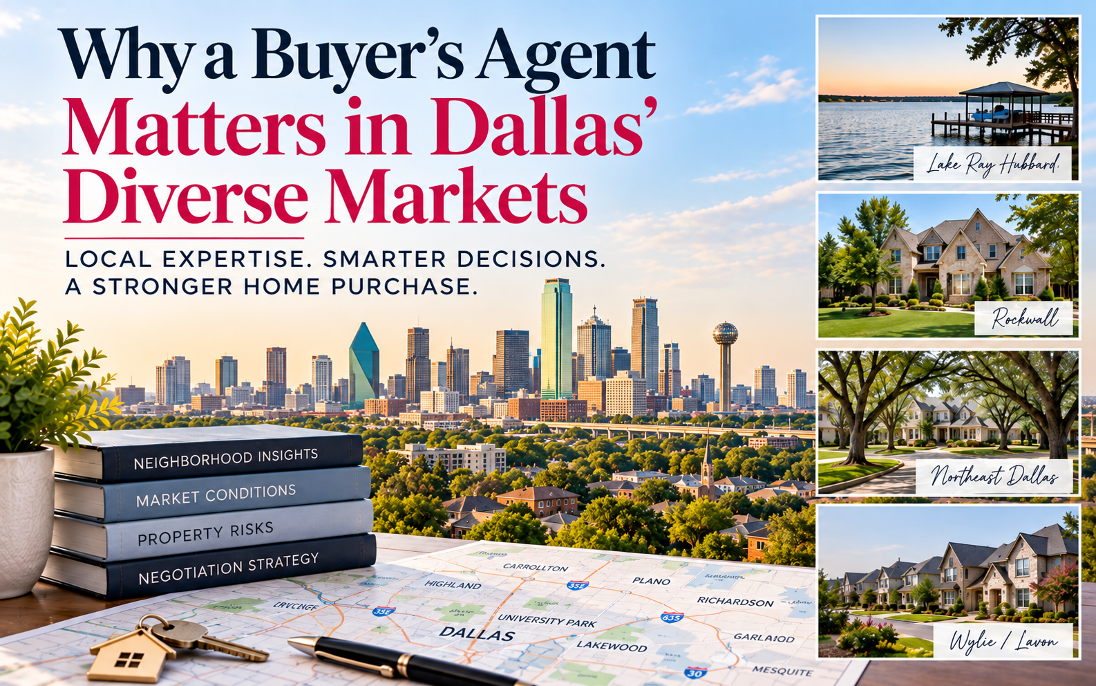 Blog cover illustrating buyer representation in Dallas with skyline views, Lake Ray Hubbard, Rockwall homes, Northeast Dallas neighborhoods, and Wylie and Lavon real estate.