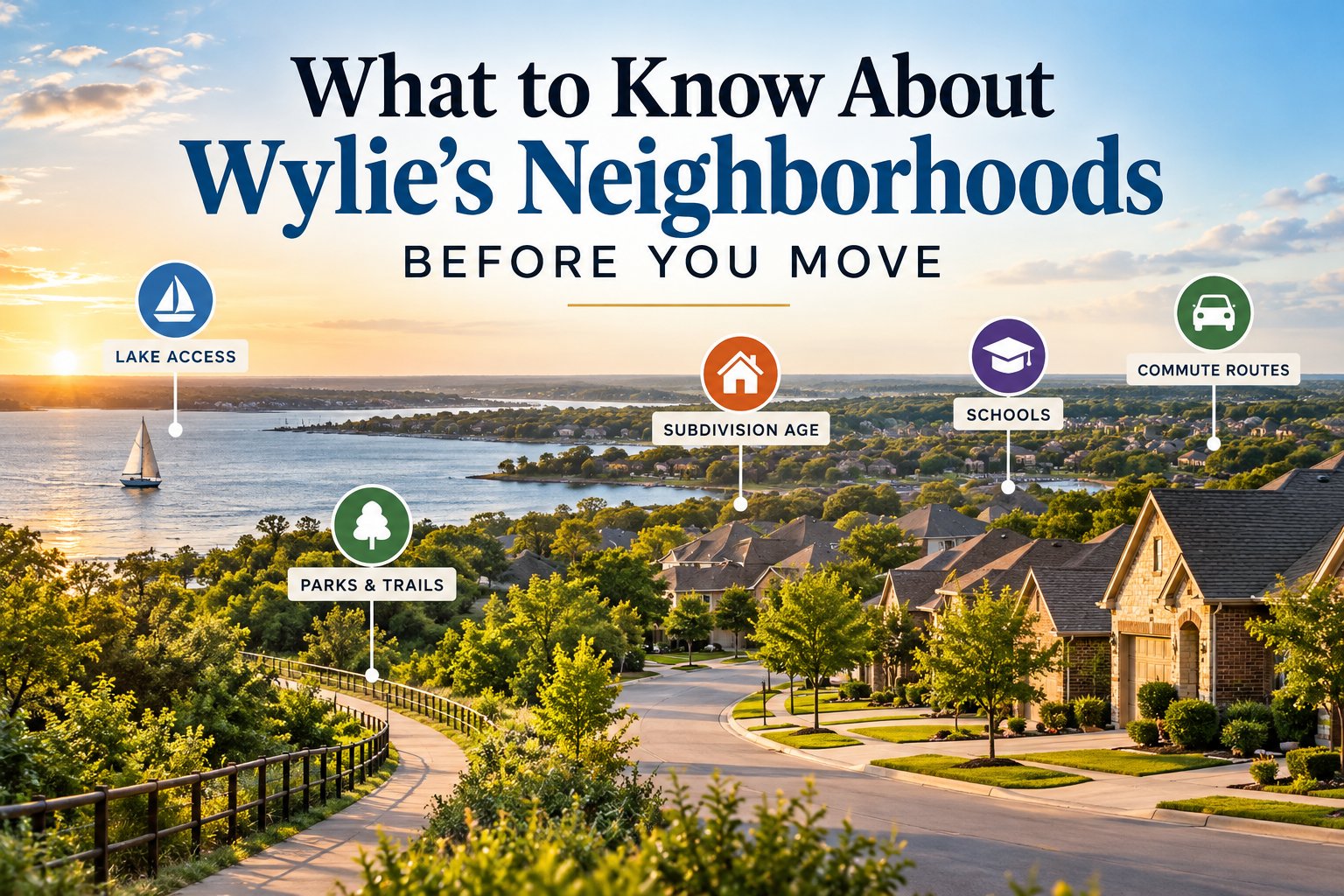 Illustrated overview of Wylie, Texas neighborhoods showing suburban homes, lake recreation, parks, trails, schools, and commute considerations.