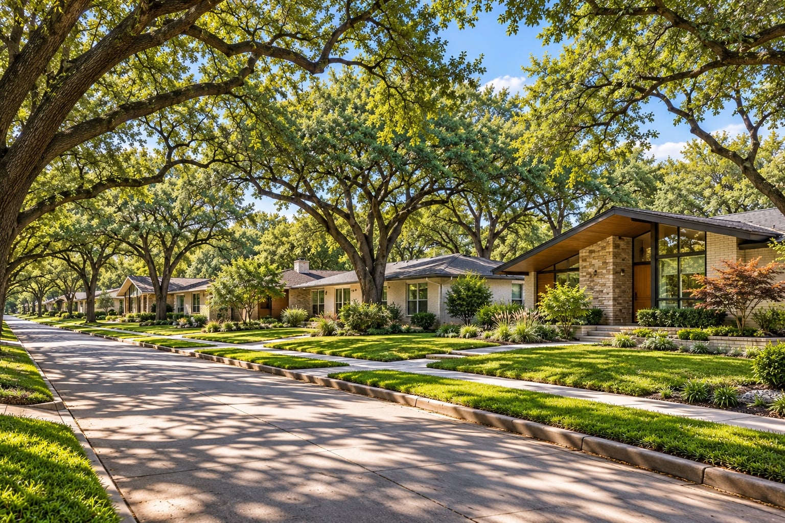 Tree-lined Dallas neighborhood with varied mid-century and ranch-style homes beneath mature oak trees in Lake Highlands.