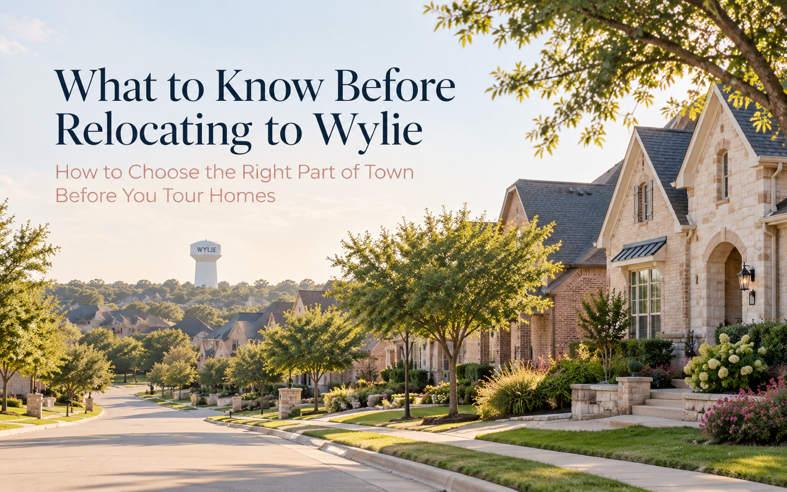 Sunny Wylie, Texas neighborhood with upscale homes and the Wylie water tower in the distance.