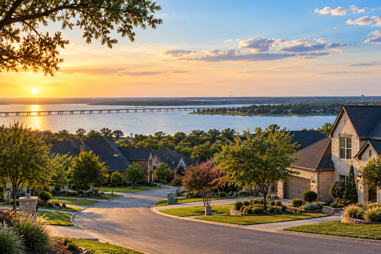 Tree-lined suburban neighborhood with stone homes overlooking a lake at sunset, illustrating the importance of location when buying a home in Northeast Dallas suburbs.