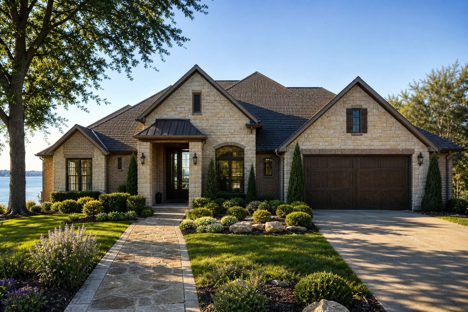 Stone and brick home with landscaped front yard and Lake Ray Hubbard views, illustrating downsizing options in Rockwall County, Texas.