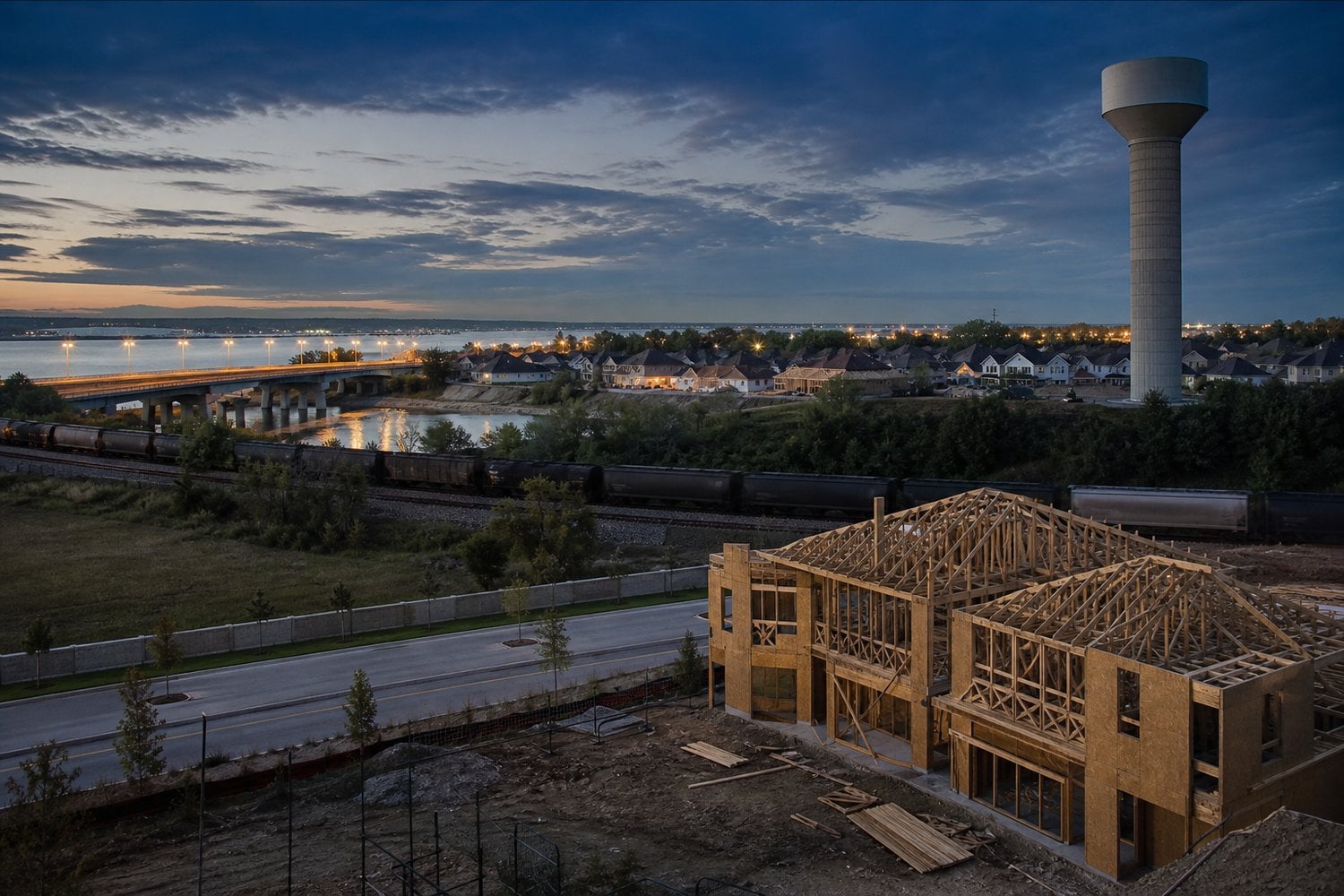 New home under construction with exposed wood framing near a residential neighborhood, railroad tracks, water tower, and lake at dusk.