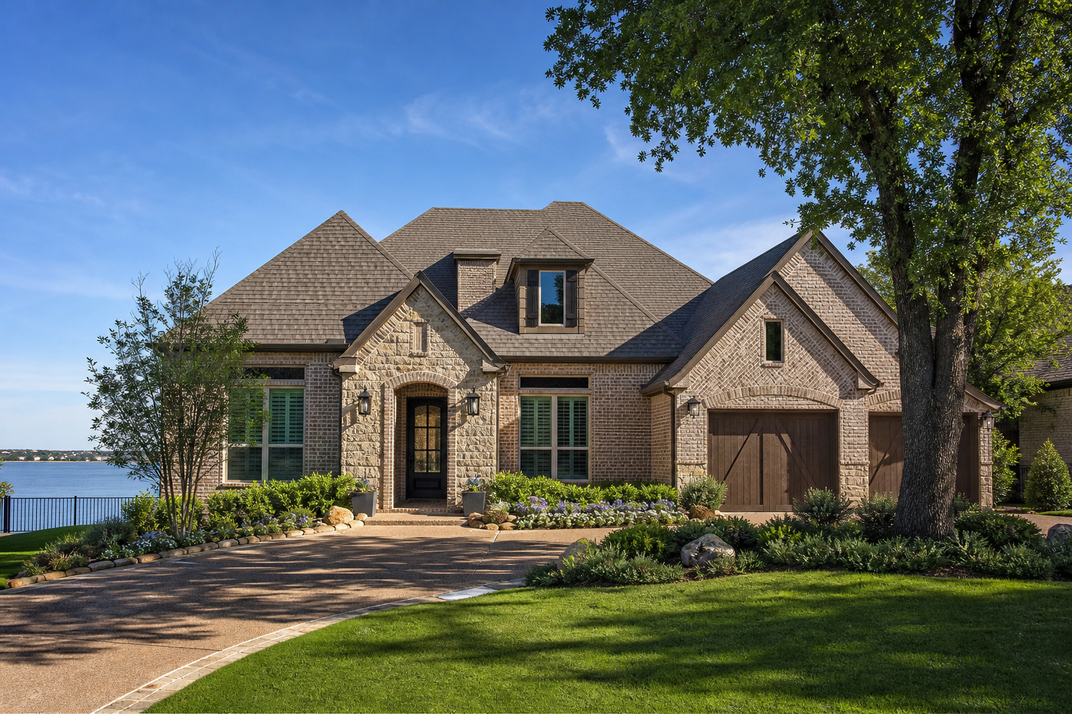 Brick and stone home with landscaped front yard, mature trees, and a lake visible beside the property.