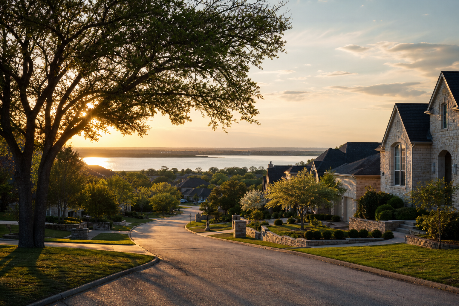 Tree-lined residential street with stone homes overlooking a lake at sunset, representing homeowners deciding whether to sell their current home before buying another in Eastern DFW.