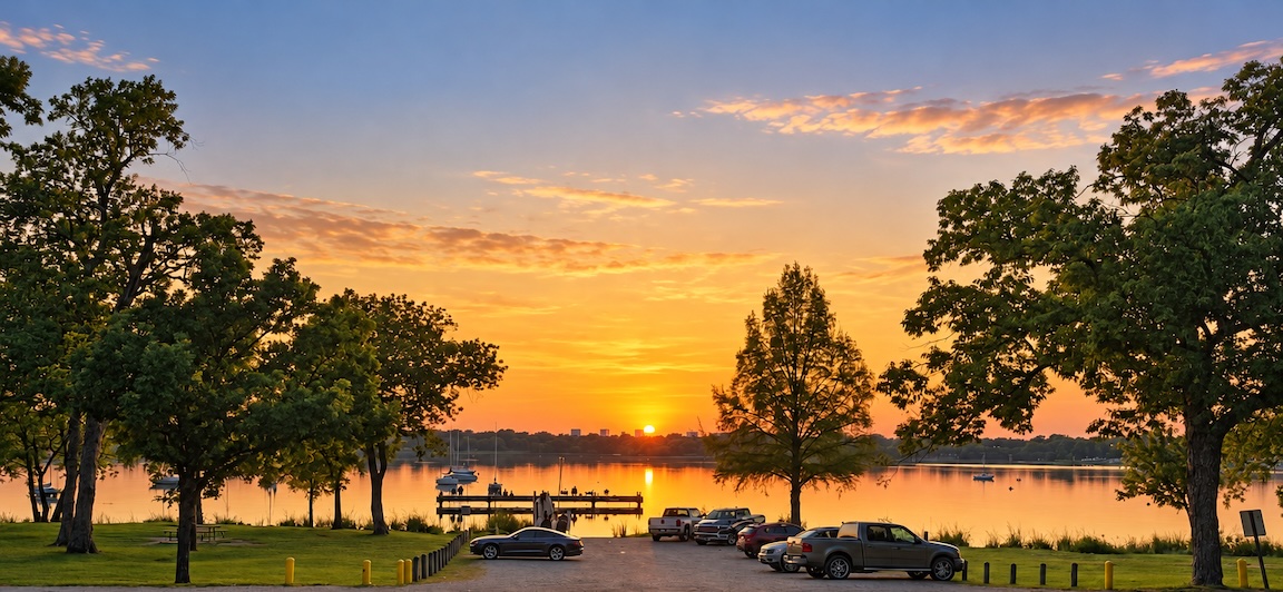 Sunset over White Rock Lake in Dallas, Texas, with sailboats, a waterfront dock, mature trees, and golden reflections across the water near Lake Highlands.