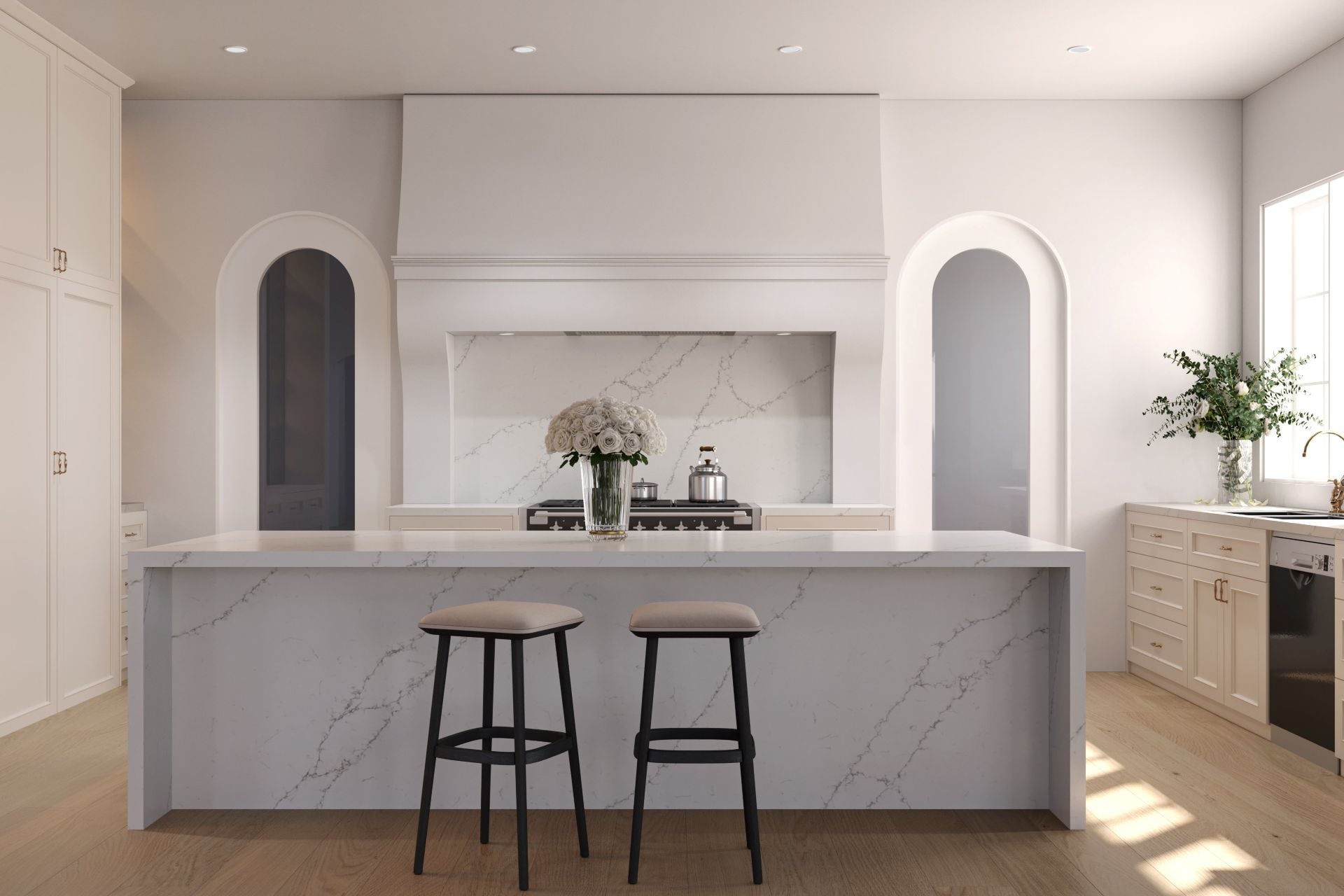 Bright kitchen with island countertop, metallic fixtures, wooden stools. 3D Renderi2g