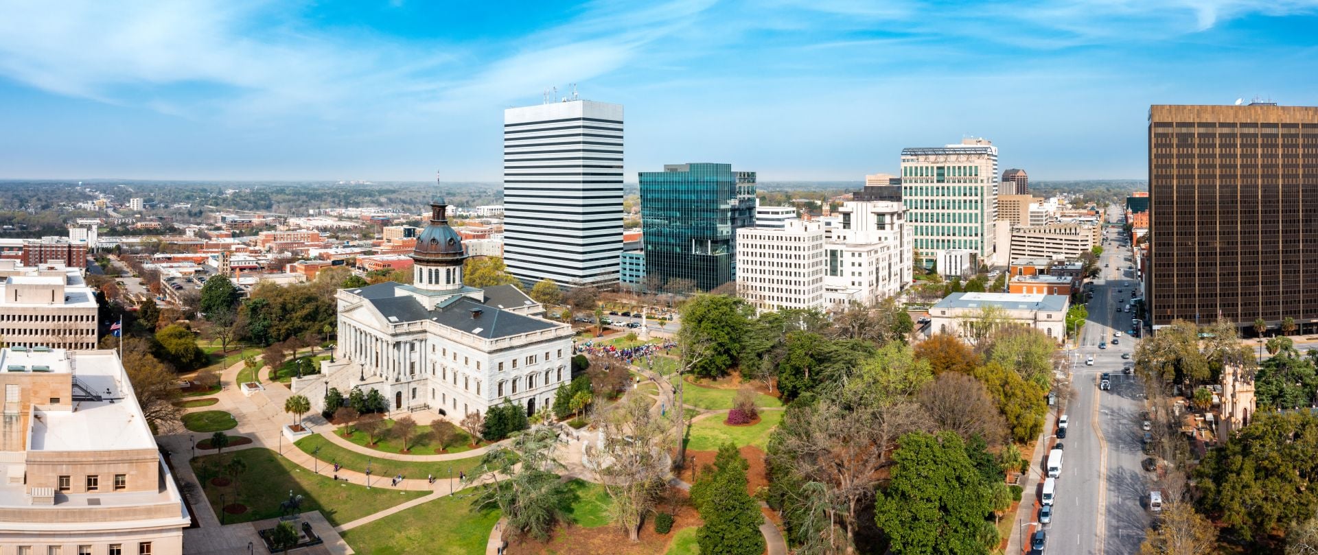 Drone panorama of the South Carolina Statehouse and Columbia skyline