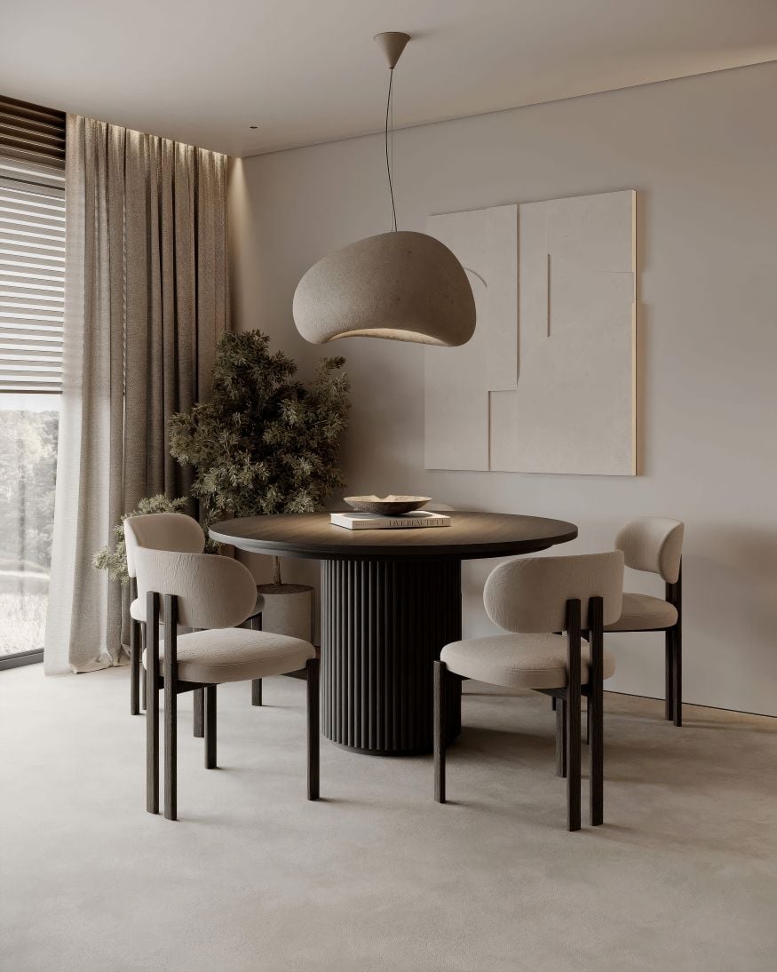 Beige living room interior with dining table and chairs on hardwood floor. Potted plant and stylish decoration. 3D rendering