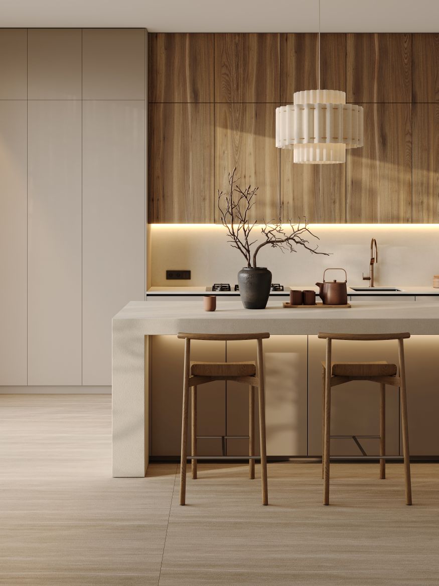 modern cozy house in Japanese minimalist style with natural wood, stone floor, warm cozy kitchen with beige kitchen island. 3d render. 3d illustration