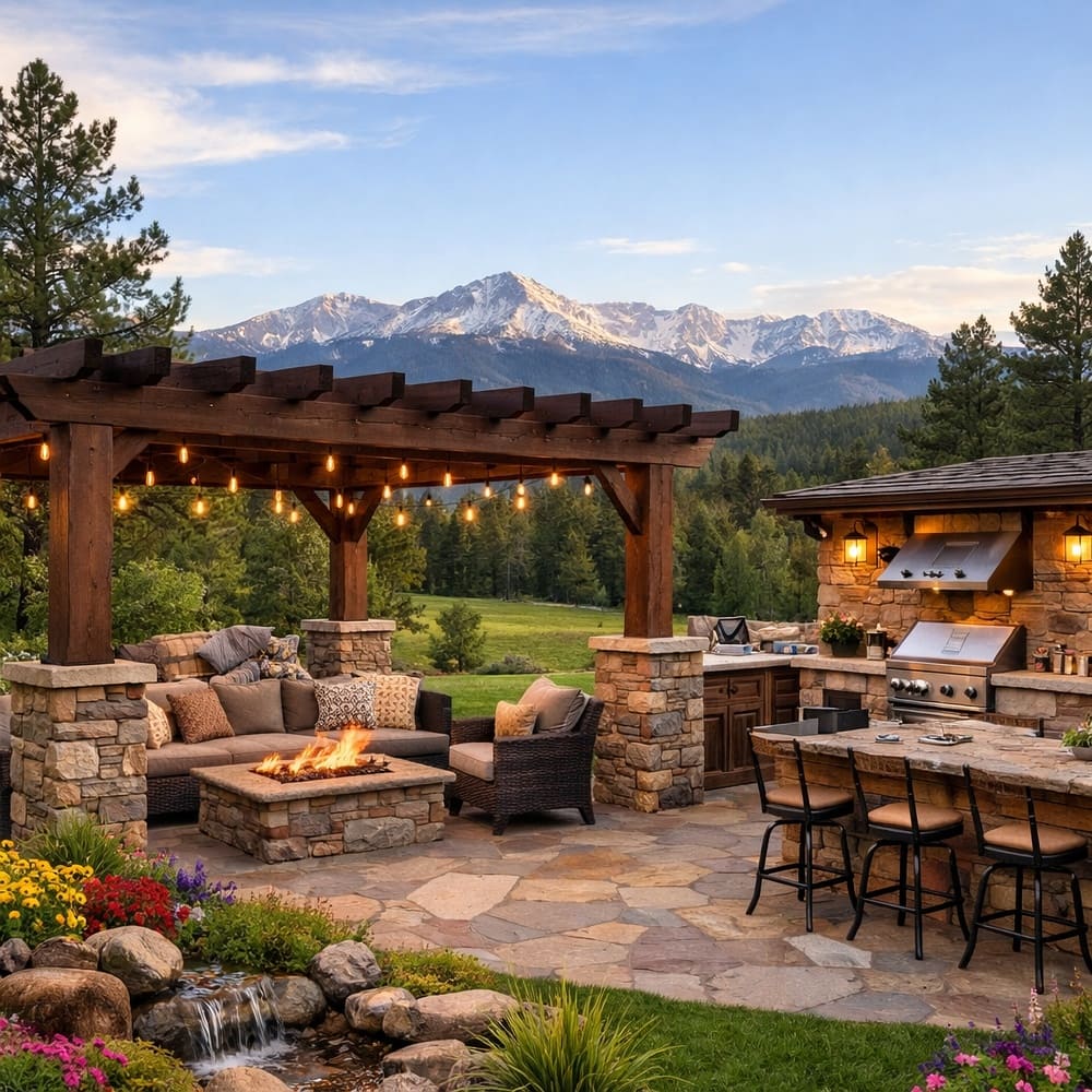beautiful Colorado backyard with pergola and outdoor kitchen