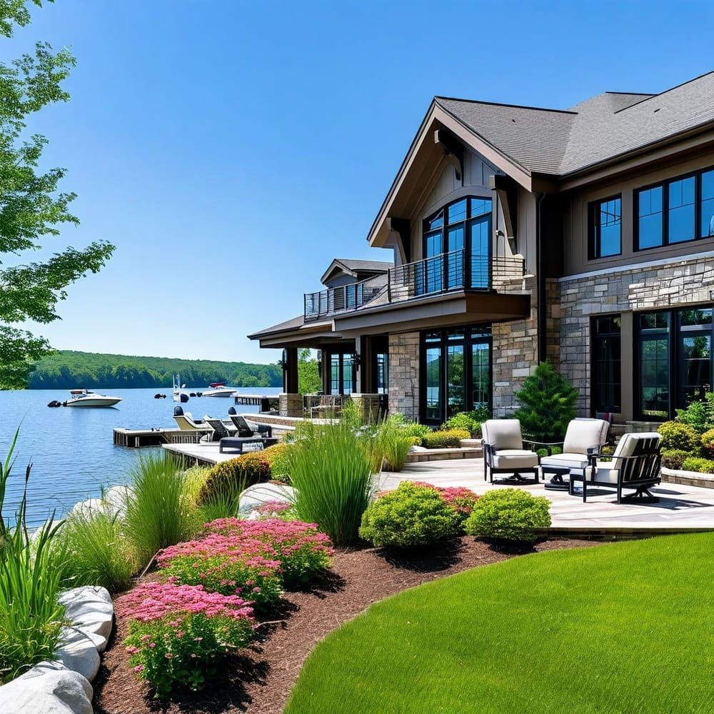 prominently feature a moderate to high end lake house under blue sky. depict lake activity in the background and handsome summertime landscaping in the foreground.