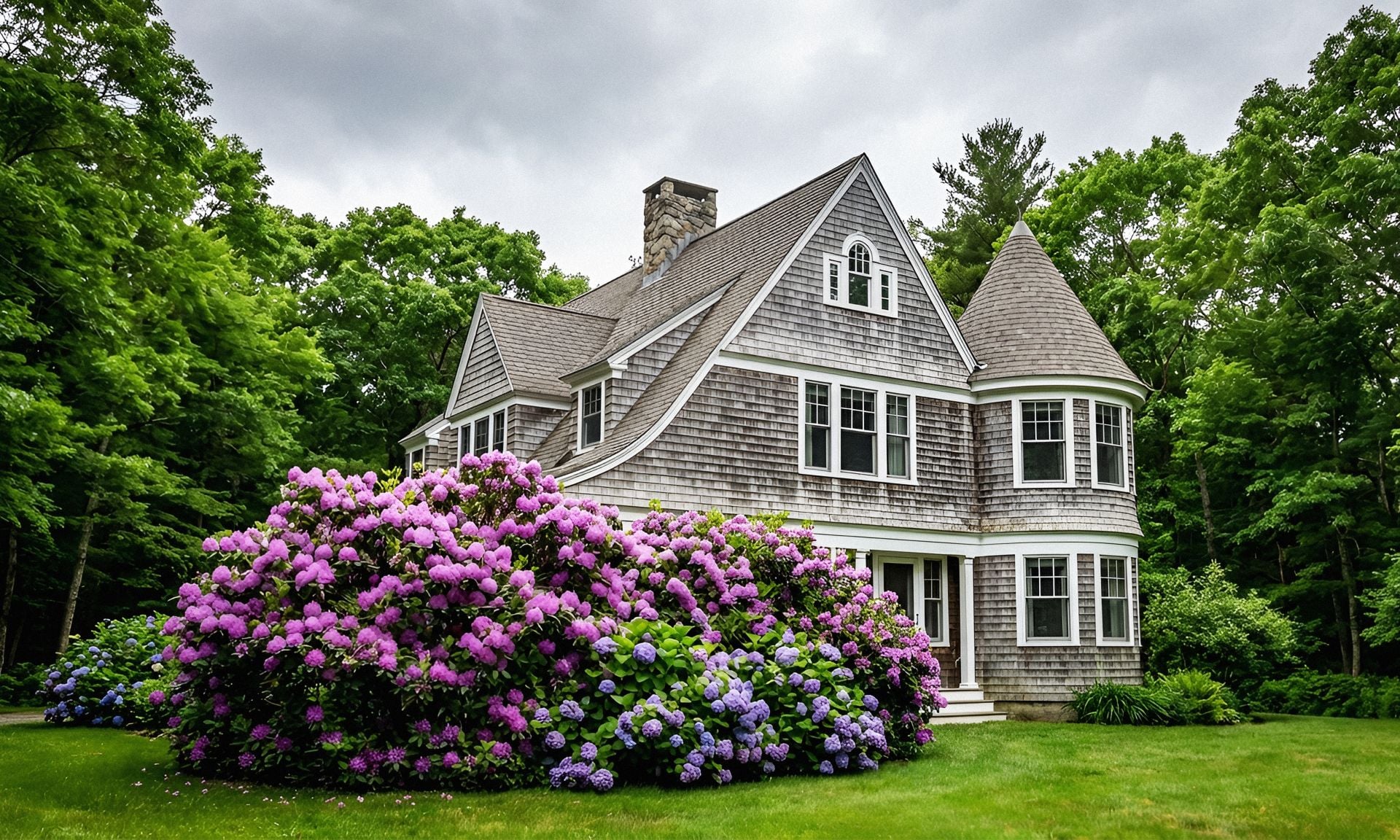 Traditional Two Story Cottage Featuring Wood Siding and Lush Spring Garden, Noise Effect