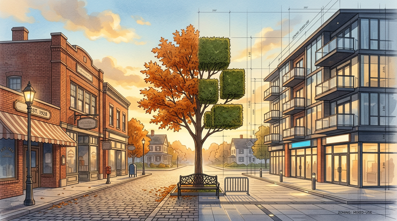 Firefly_Gemini Flash_A surreal architectural illustration of a quaint New England town square _mid-transfo 780760