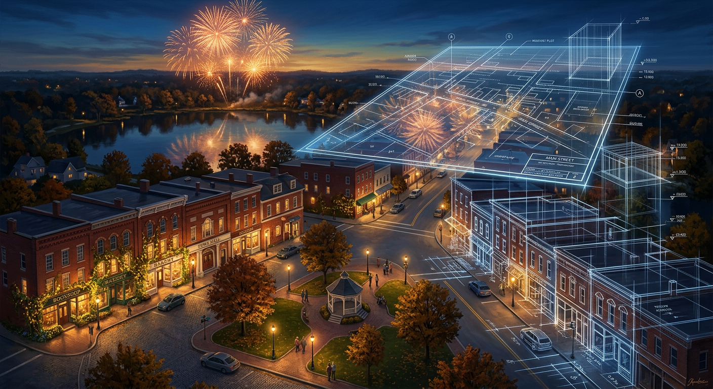 Firefly_Gemini Flash_An aerial view of a small New England town square at dusk, where half the buildings a 766045