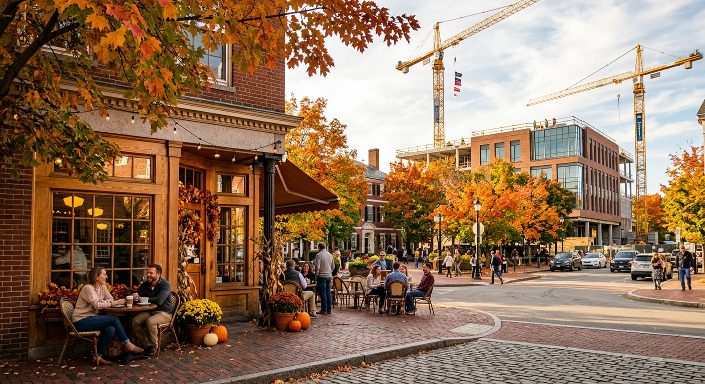 Firefly_Gemini Flash_Editorial photo of a New England town square in fall — a cozy corner café storefront 422291