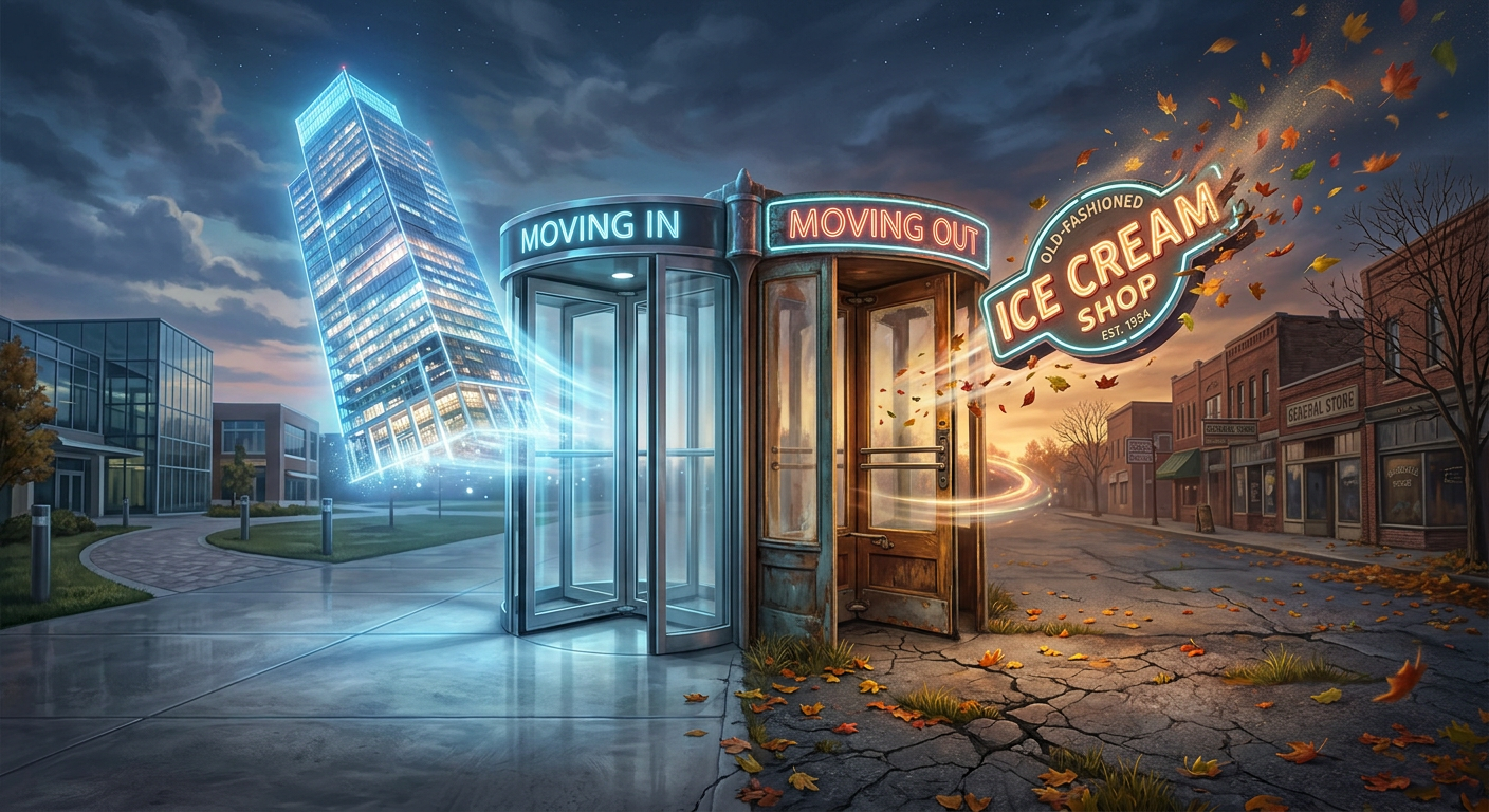 Firefly_Gemini Flash_Surreal prompt matching the title-__Two revolving doors side by side on a small-town 42982
