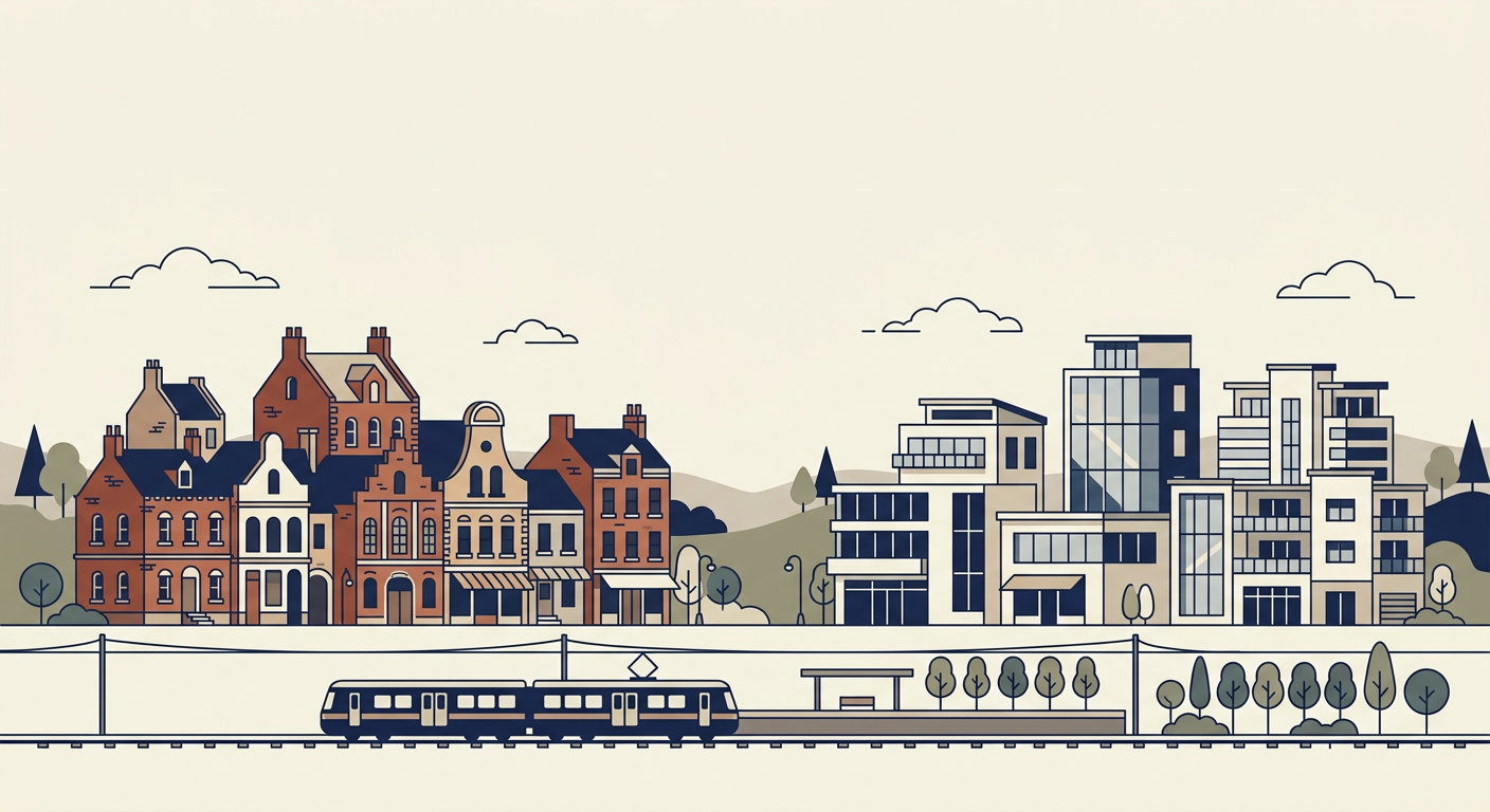 Firefly_Gemini Flash_“Clean flat-style illustration of a small town center skyline, old brick buildings on 905325