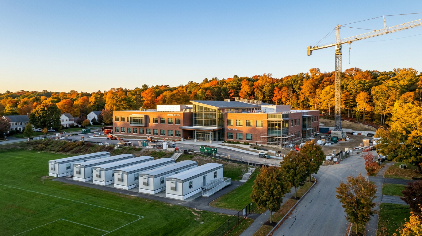 Firefly_Gemini Flash_Photorealistic wide shot of a modern New England public middle school under construct 905325