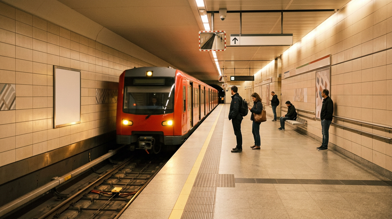 Firefly_Gemini Flash_Subway platform angle- “A quiet, modern subway platform with a generic red train arri 905325