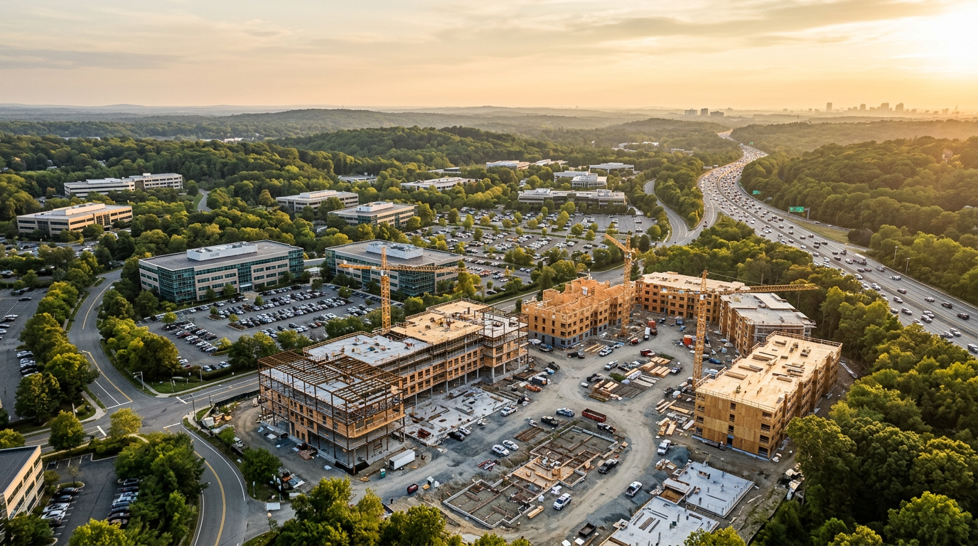 Firefly_Gemini Flash_Wide aerial photograph of a suburban office park in Waltham, Massachusetts at golden 905325