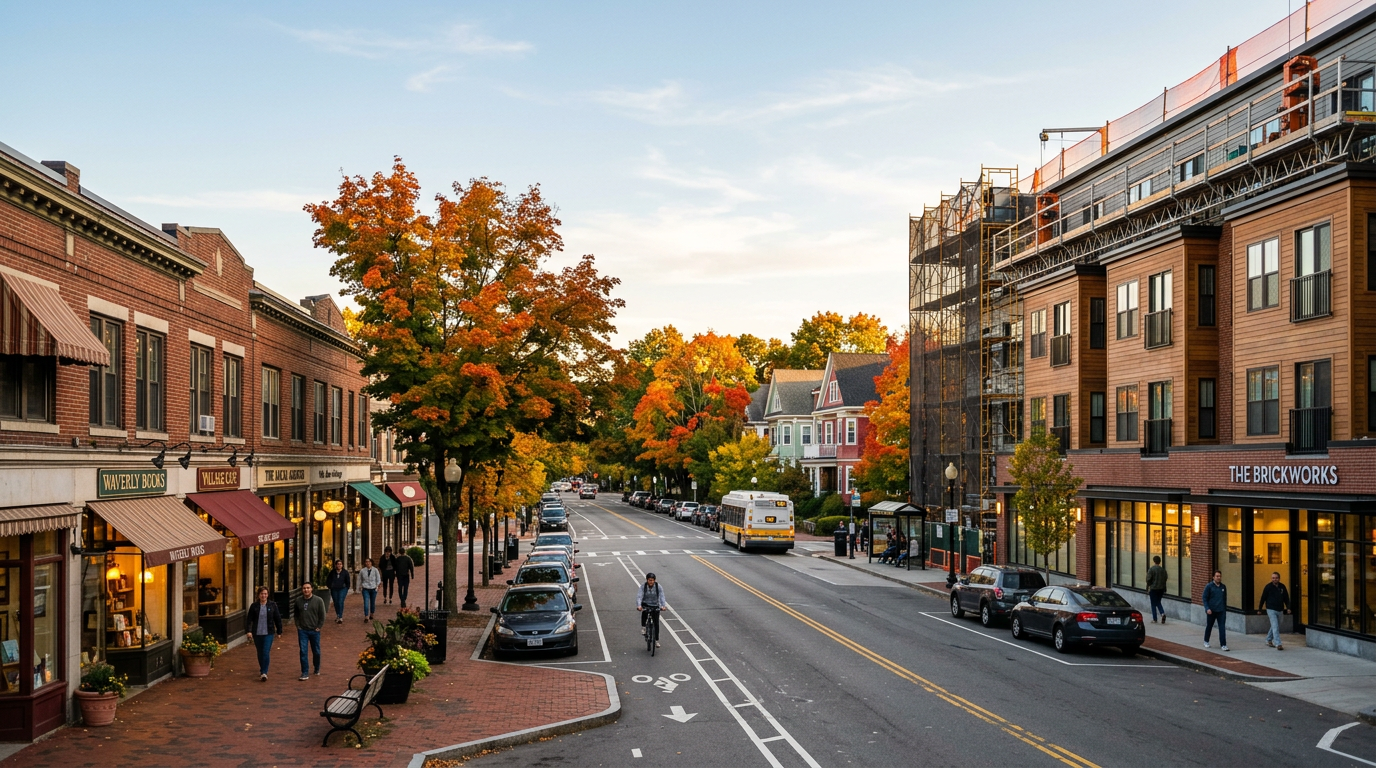 Firefly_Gemini Flash_Wide-angle photo of a New England main street at golden hour, looking down a tree-lin 905325