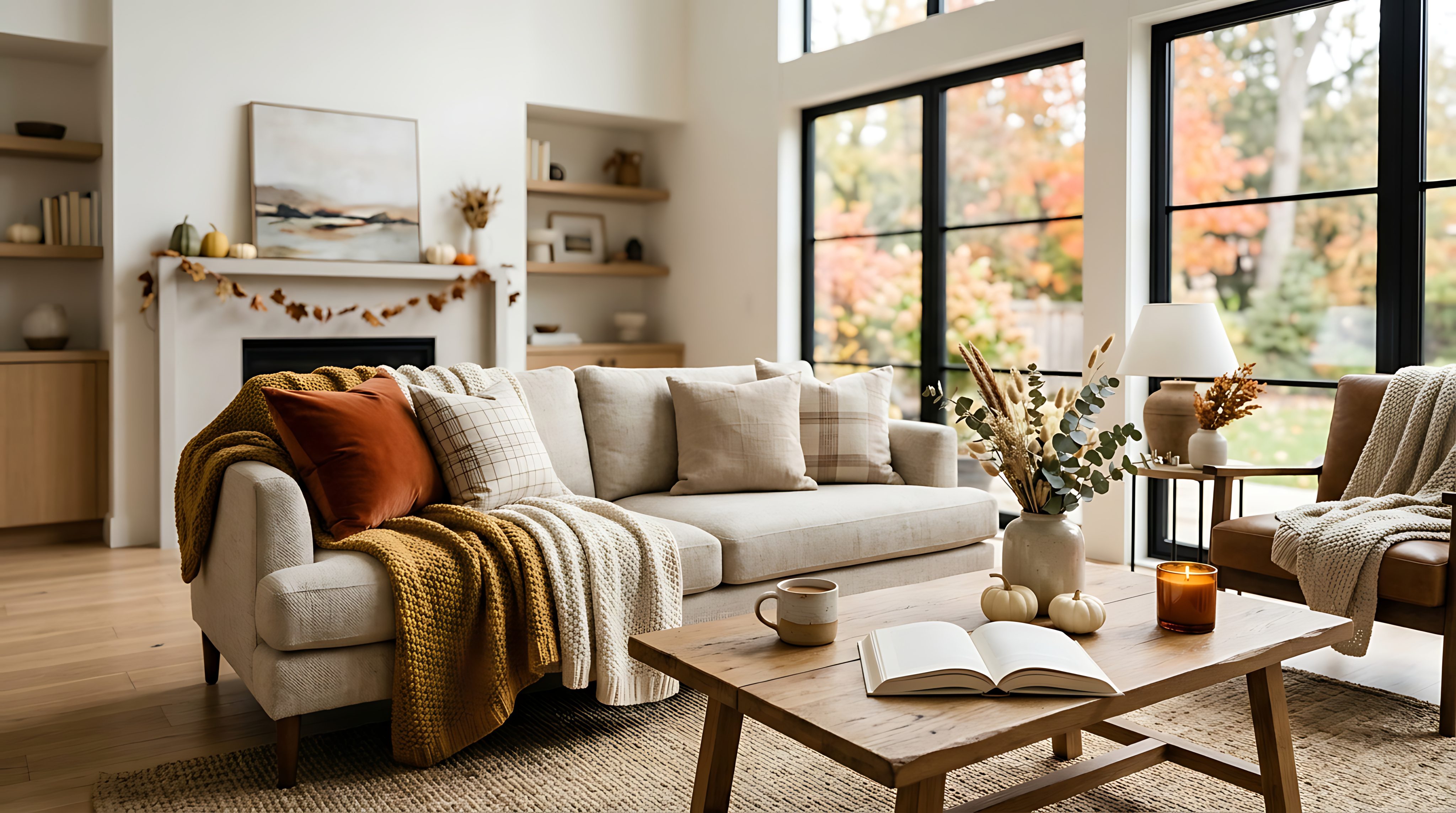 Cozy modern living room interior decorated for autumn with warm blankets, pillows and fall decor