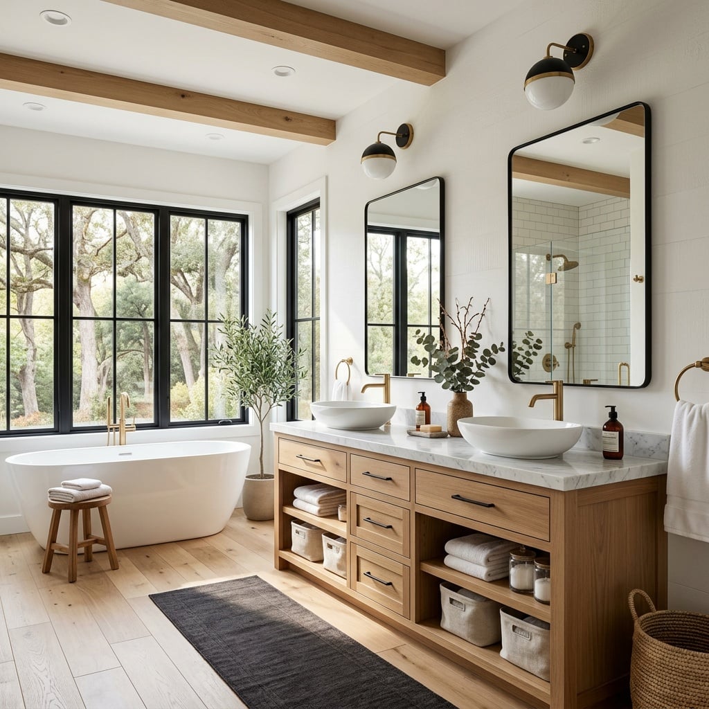 Modern,Farmhouse,Bathroom,Interior,With,Large,Black,Framed,Windows,,Marble