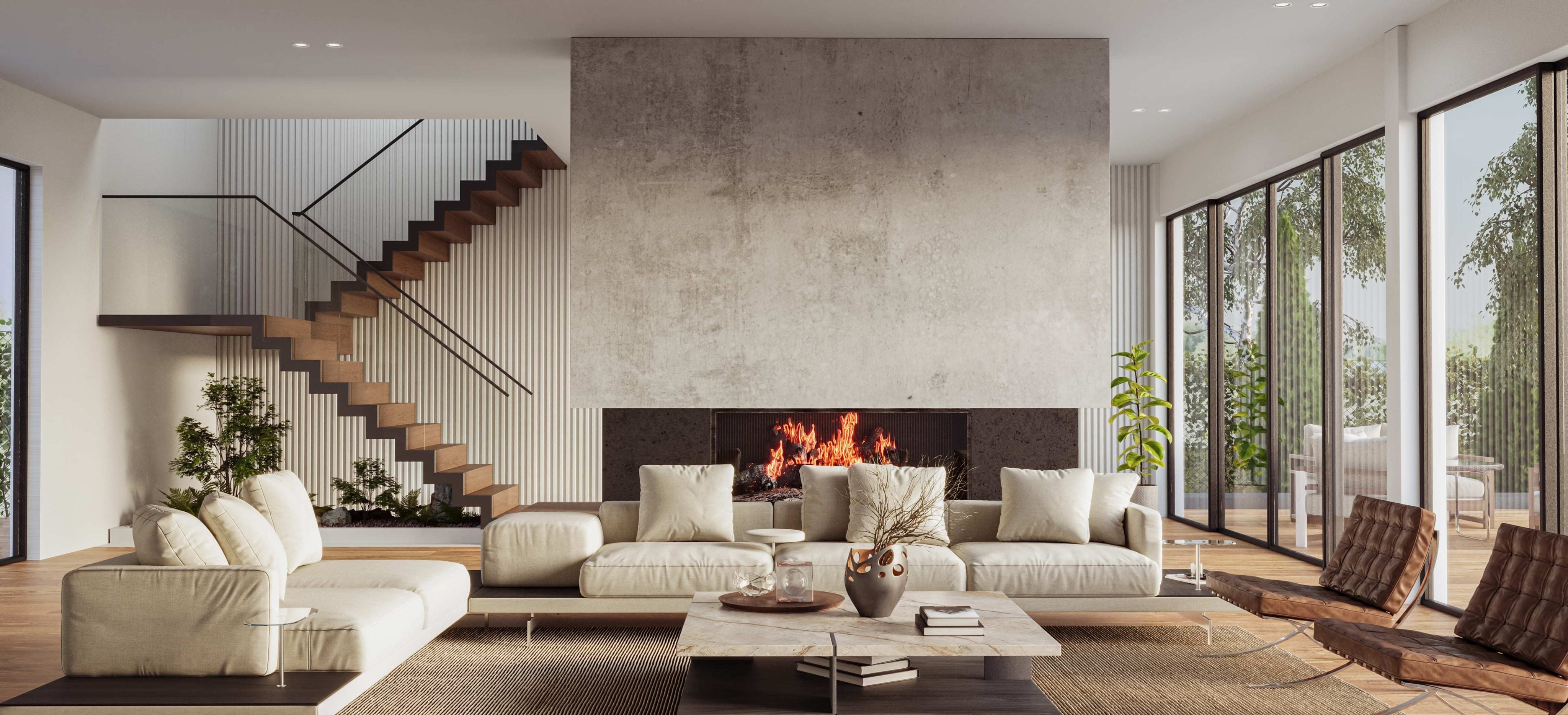 Cozy living room interior with large windows, staircase, fireplace and decor. Modern design solution, 3d rendering (1)