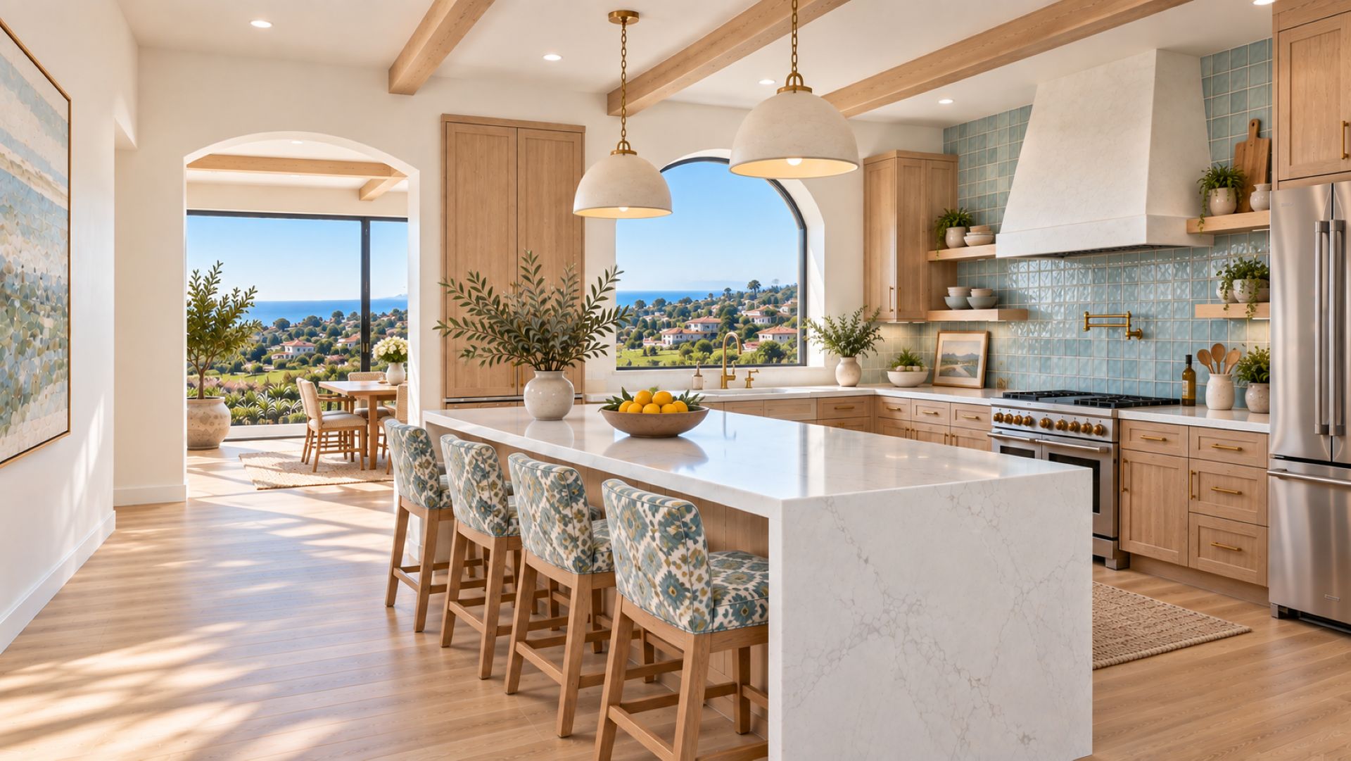 Contemporary kitchen with white quartz island and light oak cabinets