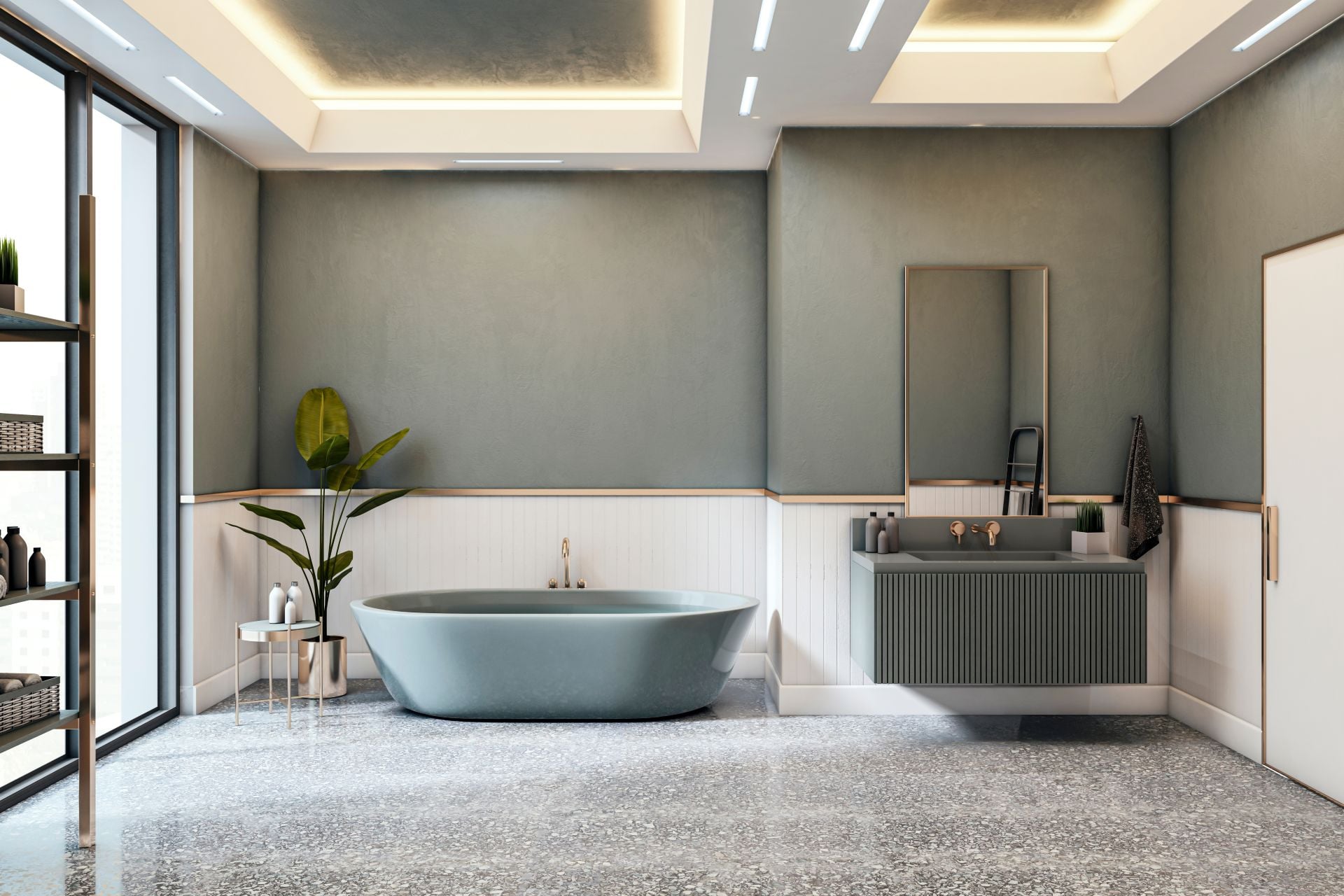 Stylish bathroom interior with elegant freestanding bathtub, terrazzo flooring, and contemporary lighting on a clean architectural background