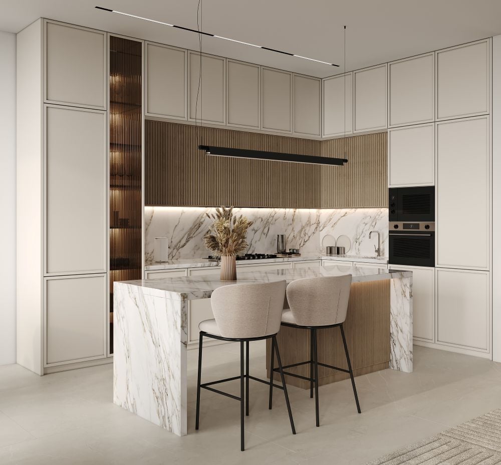 Modern classic visualization side view kitchen-living room in beige tones. Kitchen set with frames and flush glass