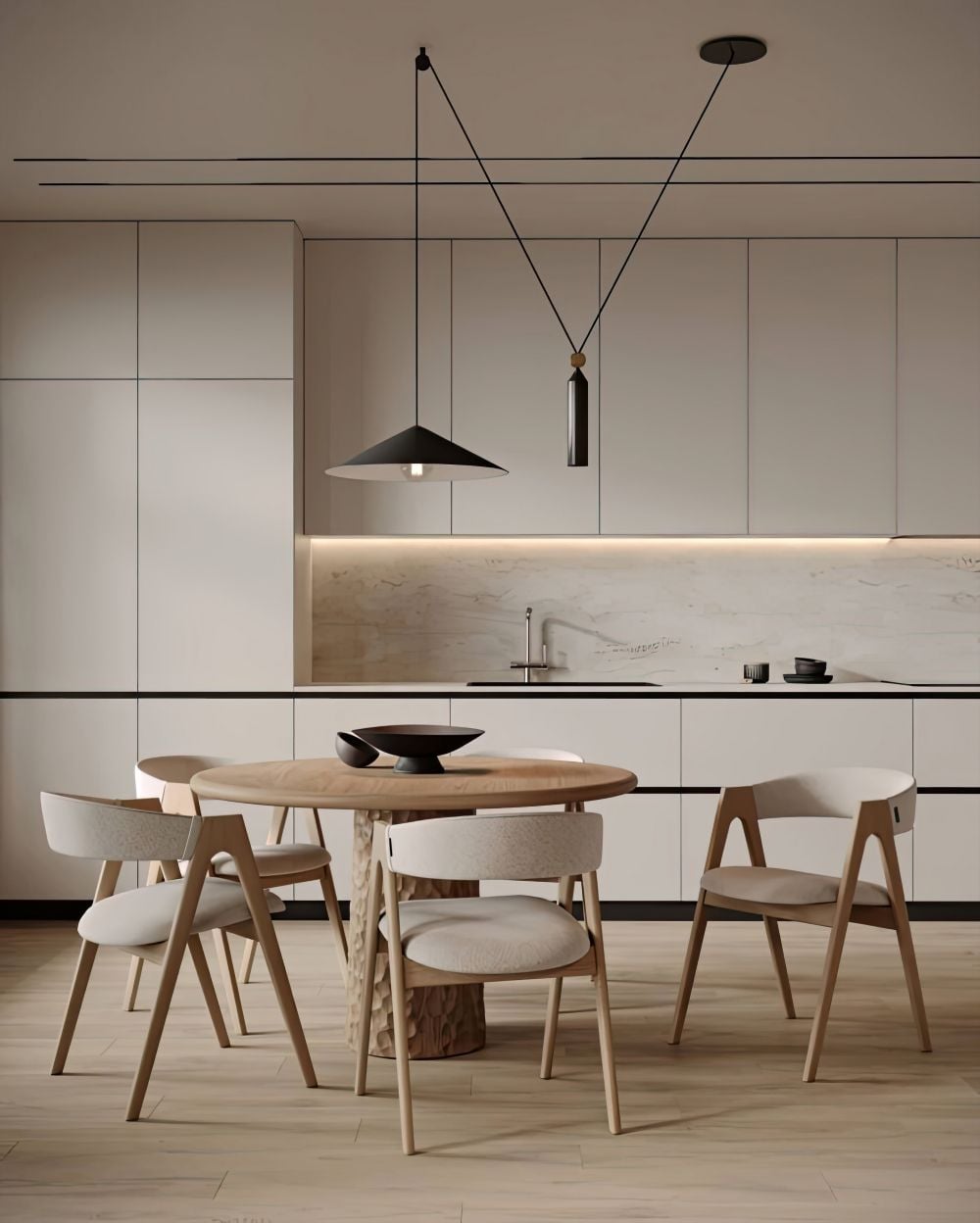 Warm wooden home kitchen interior with bar island, sink and stove, dishes and plates on shelves.