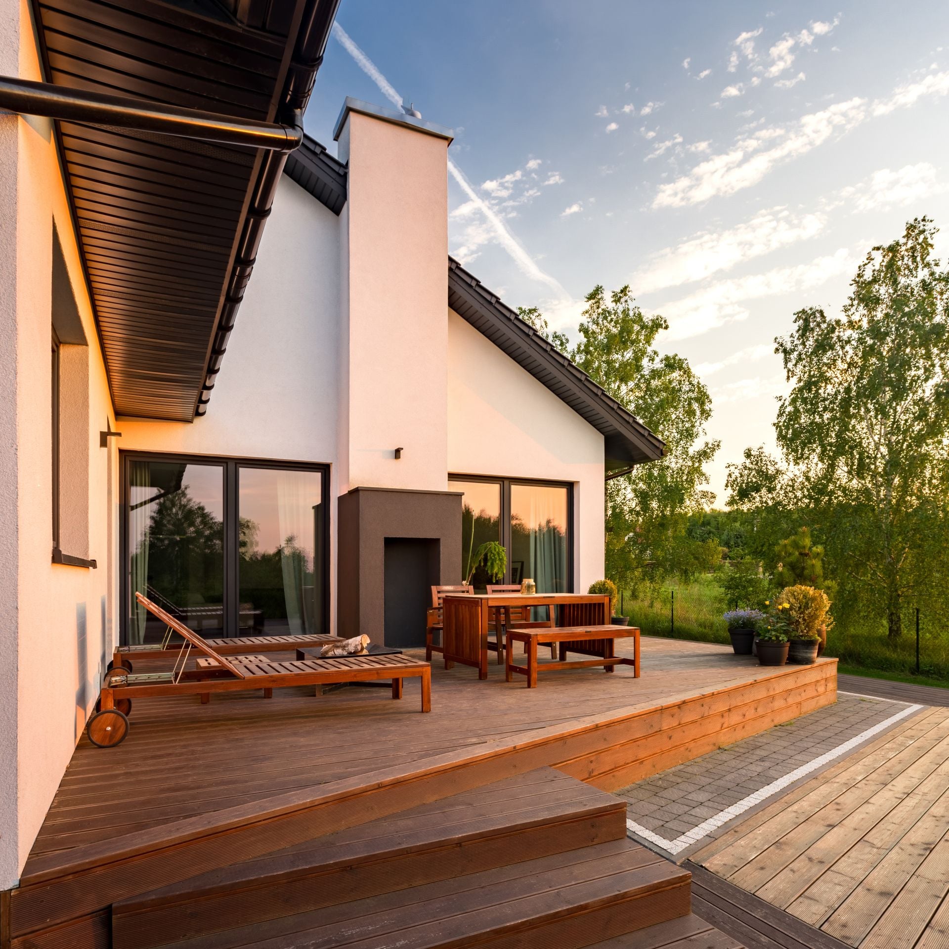 Beautiful exterior view of modern villa with terrace