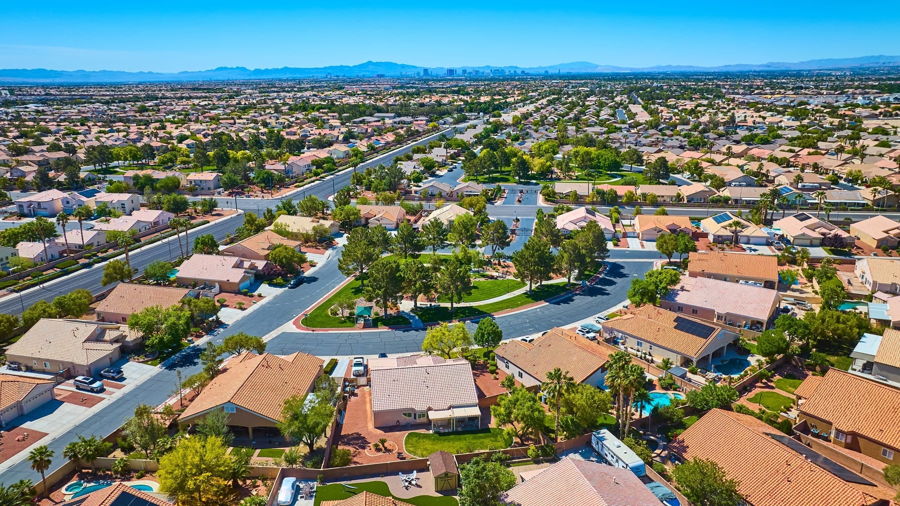 Aerial Residential Neighborhood Las Vegas Suburb With City Skyline View